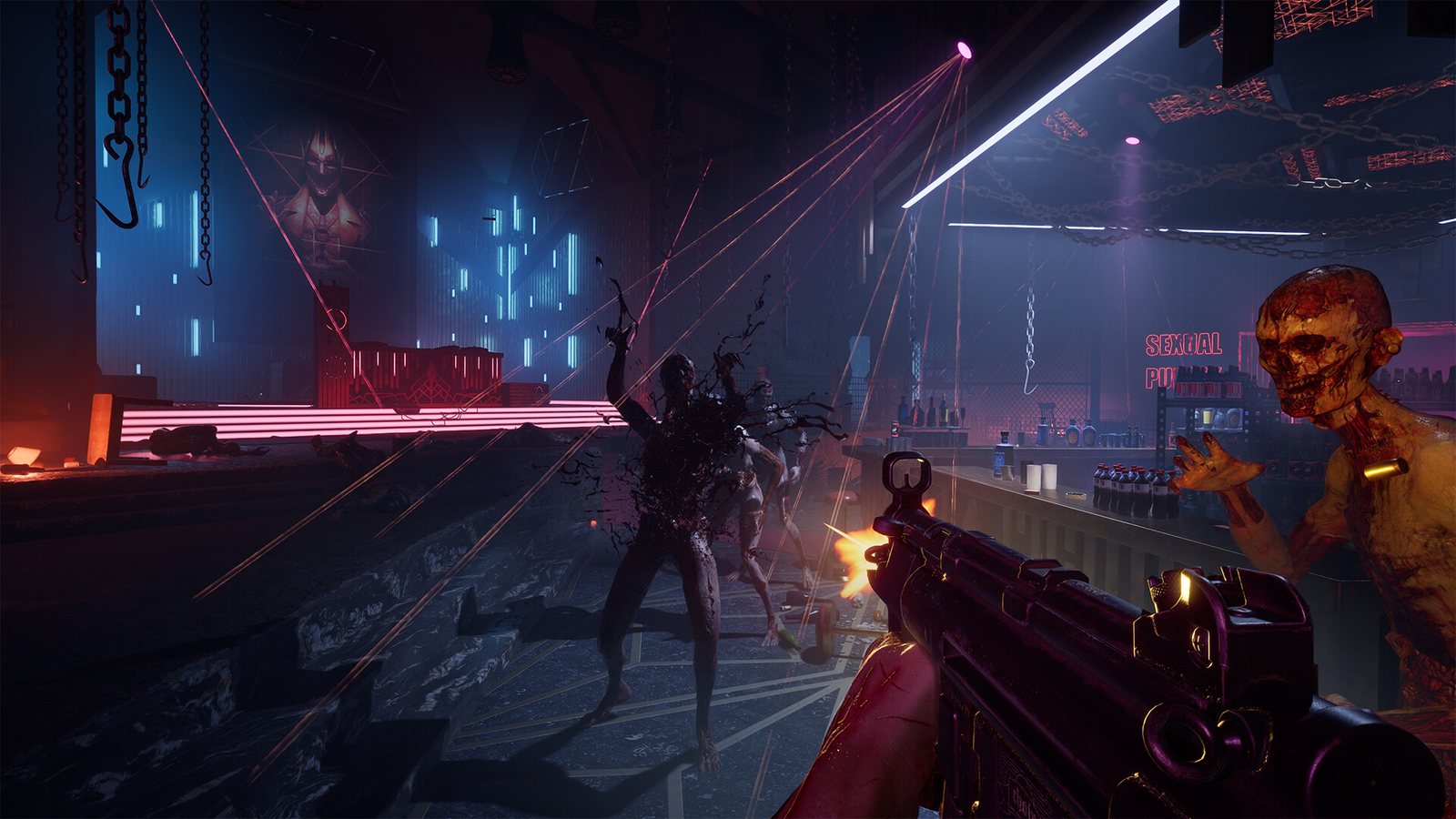 Firing a submachine gun in a neon-lit club with chains overhead